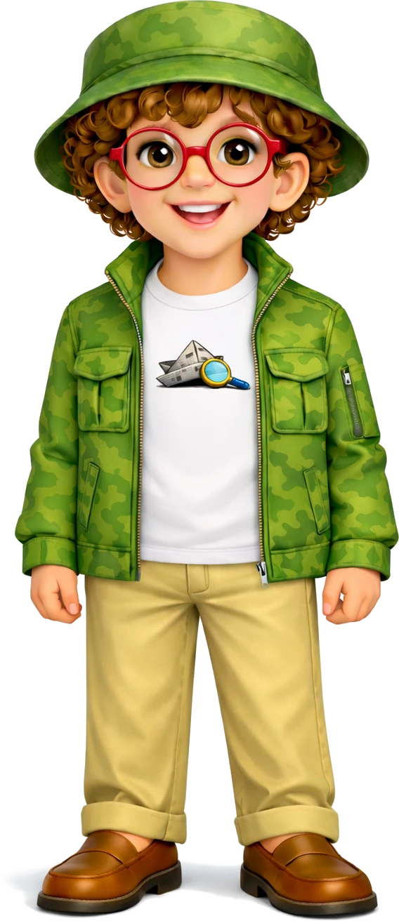 Antônio, personagem SherlocKids, usando roupas verdes e óculos vermelhos