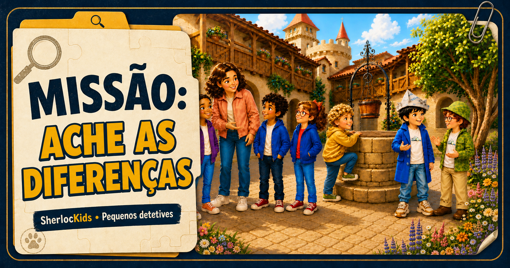 Missão Ache as Diferenças: crianças e professora no pátio do castelo