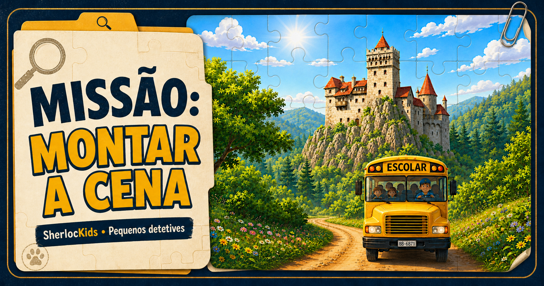 Missão Montar a Cena: ônibus escolar chegando ao Castelo de Bran