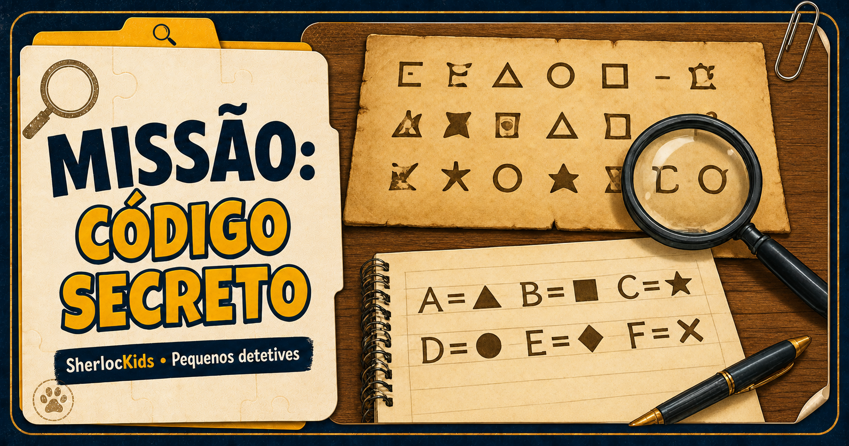 Missão Código Secreto: símbolos codificados, lupa e caderno de investigação