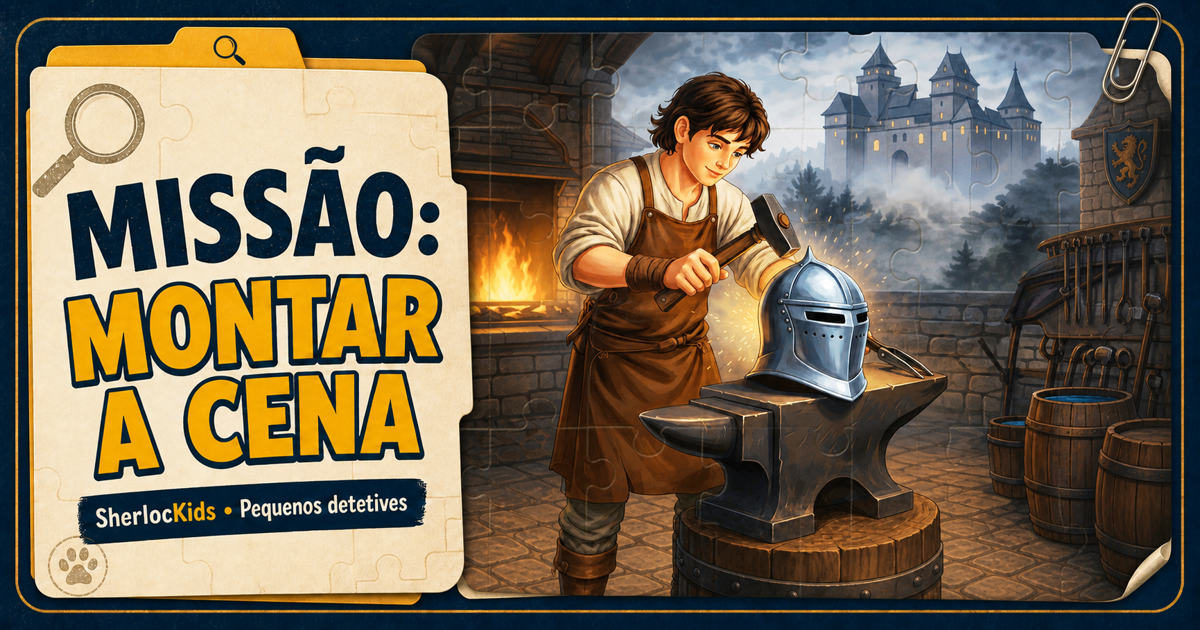 Missão Montar a Cena: artesão medieval trabalhando em um elmo diante do castelo
