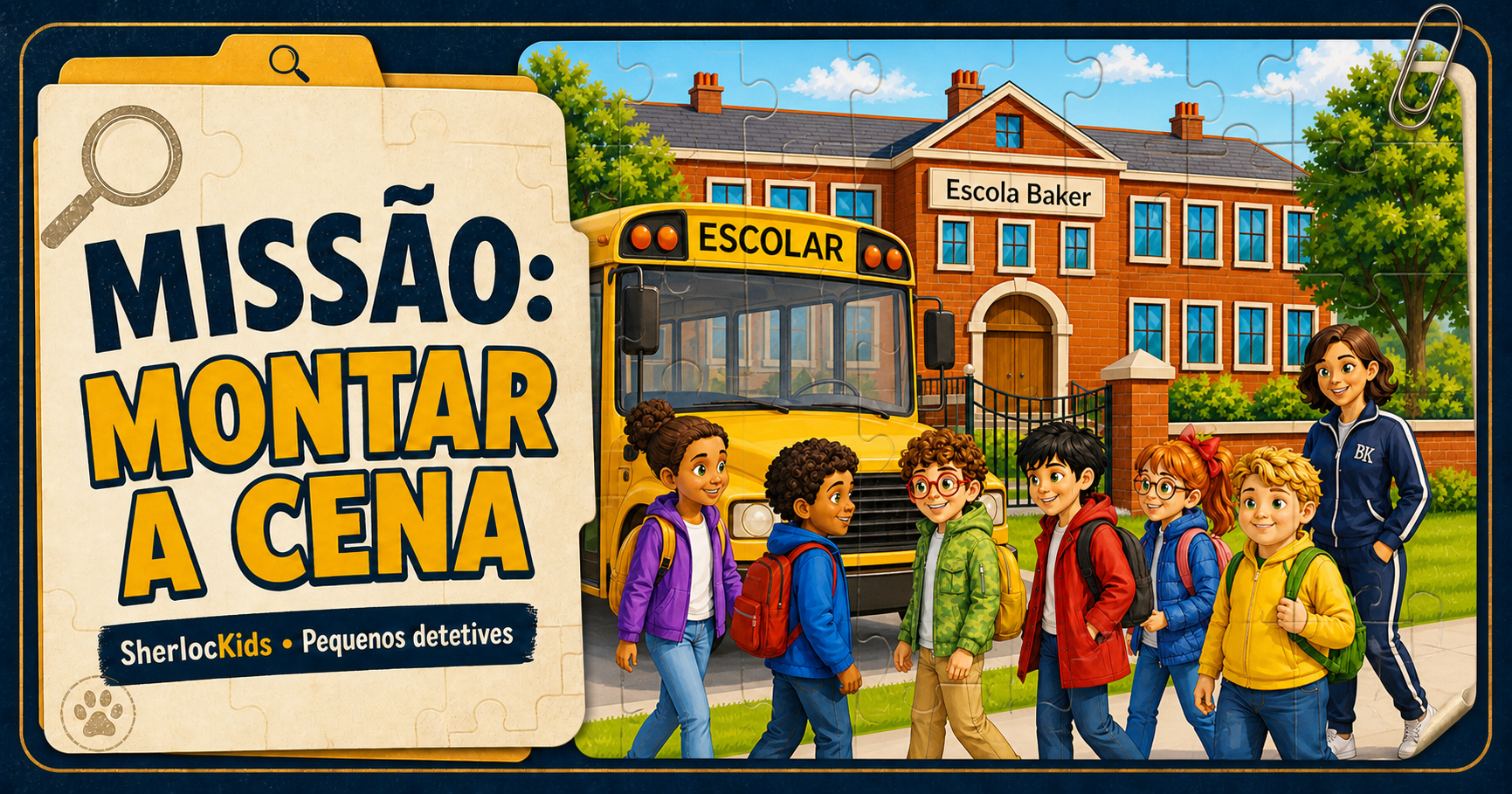 Missão Montar a Cena: turma de estudantes diante da Escola Baker e do ônibus escolar