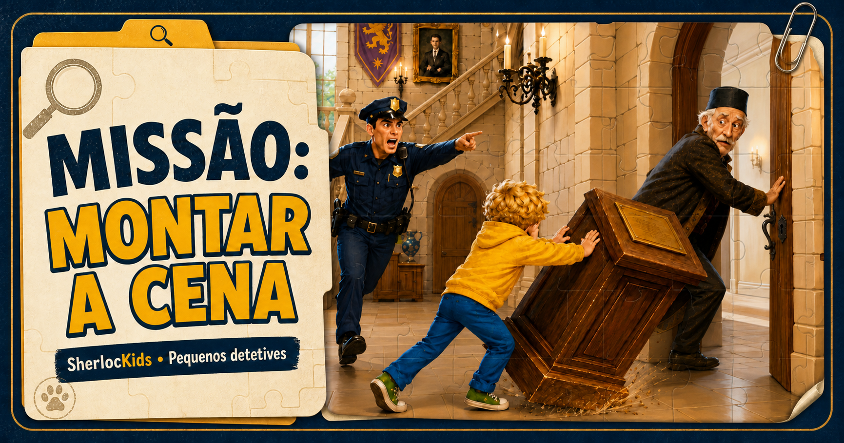 Missão Montar a Cena: um menino e um policial perseguindo Andrei dentro do castelo