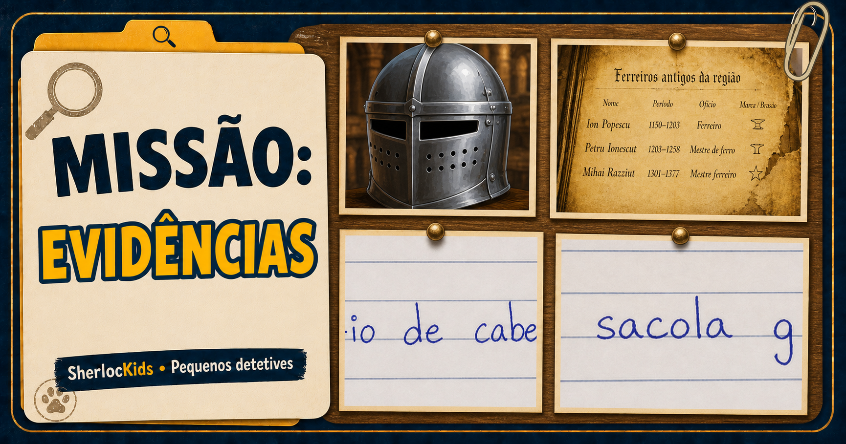Missão Laboratório de Evidências: elmo, registro histórico e anotações do caso