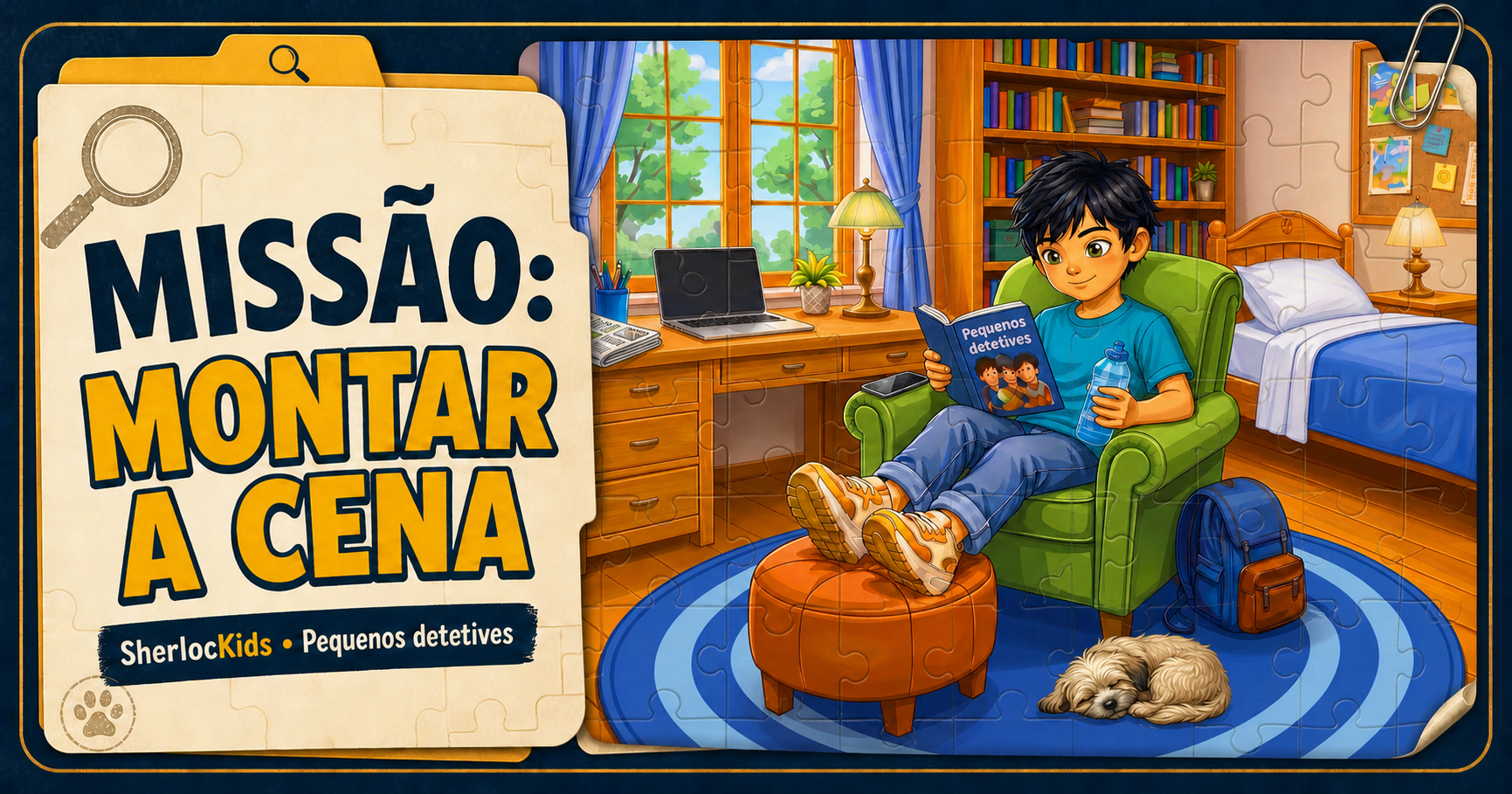 Missão Montar a Cena: Jorge lendo em uma poltrona enquanto Nick dorme no tapete