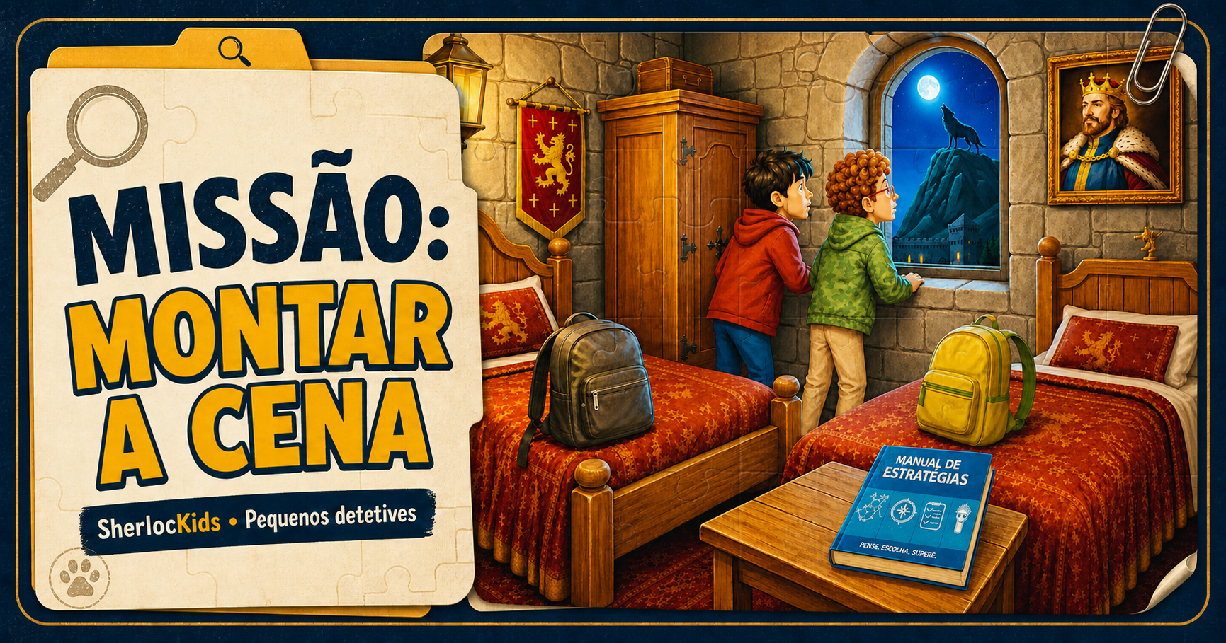 Missão Montar a Cena: Jorge e Antônio observando um lobo na montanha pela janela do castelo