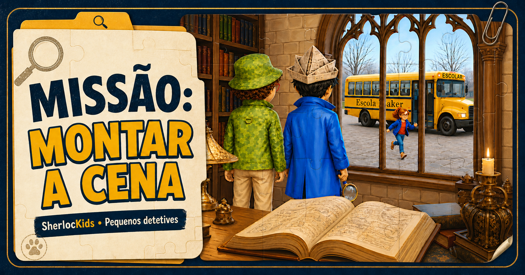 Missão Montar a Cena: Jorge e Antônio observando pela janela uma menina perto do ônibus escolar