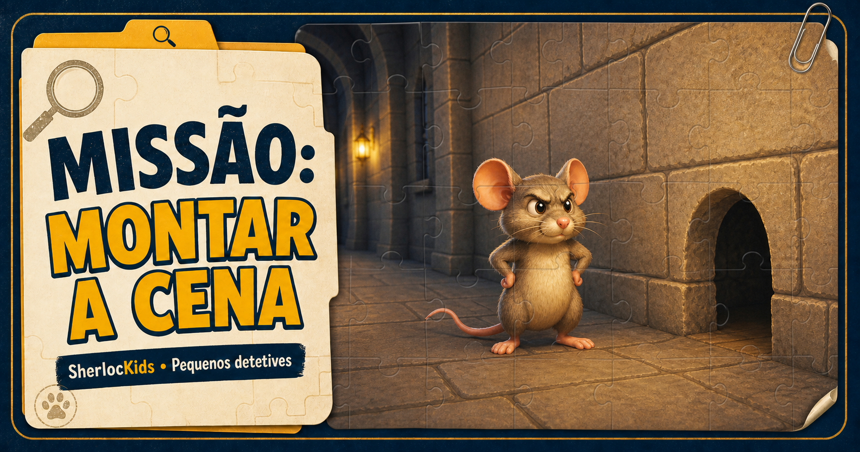 Missão Montar a Cena: rato diante de uma pequena passagem em um corredor de pedra