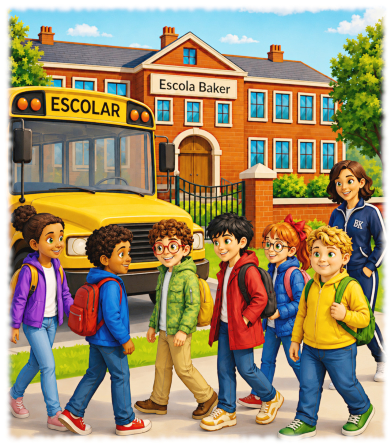 Os estudantes se reúnem diante da Escola Baker e do ônibus amarelo.