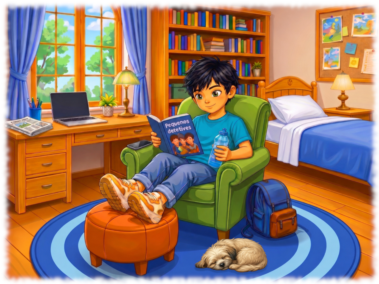 Jorge lendo no quarto enquanto Nick descansa no tapete