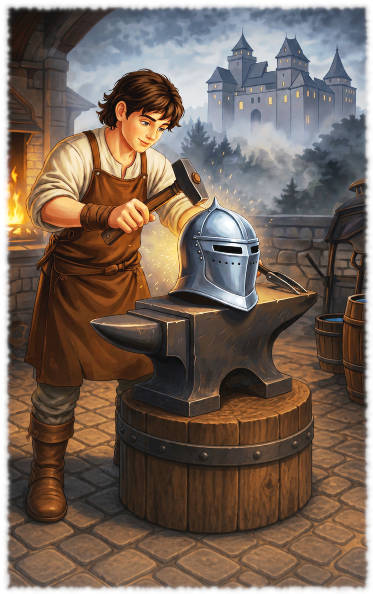 Artesão medieval trabalhando em um elmo diante do castelo