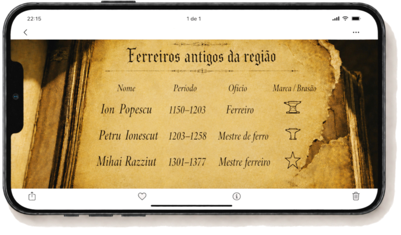 Registro dos ferreiros antigos da região mostrando nomes e marcas.