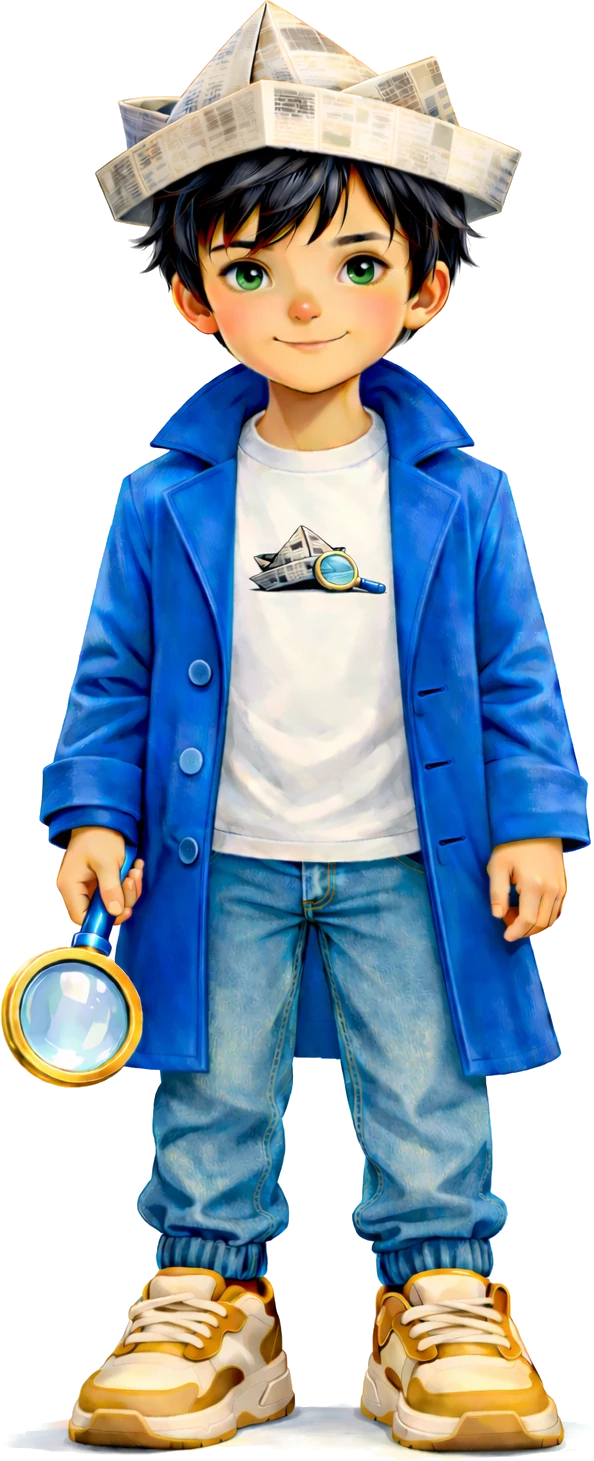 Jorge, personagem SherlocKids, usando casaco azul, chapéu de papel e segurando uma lupa