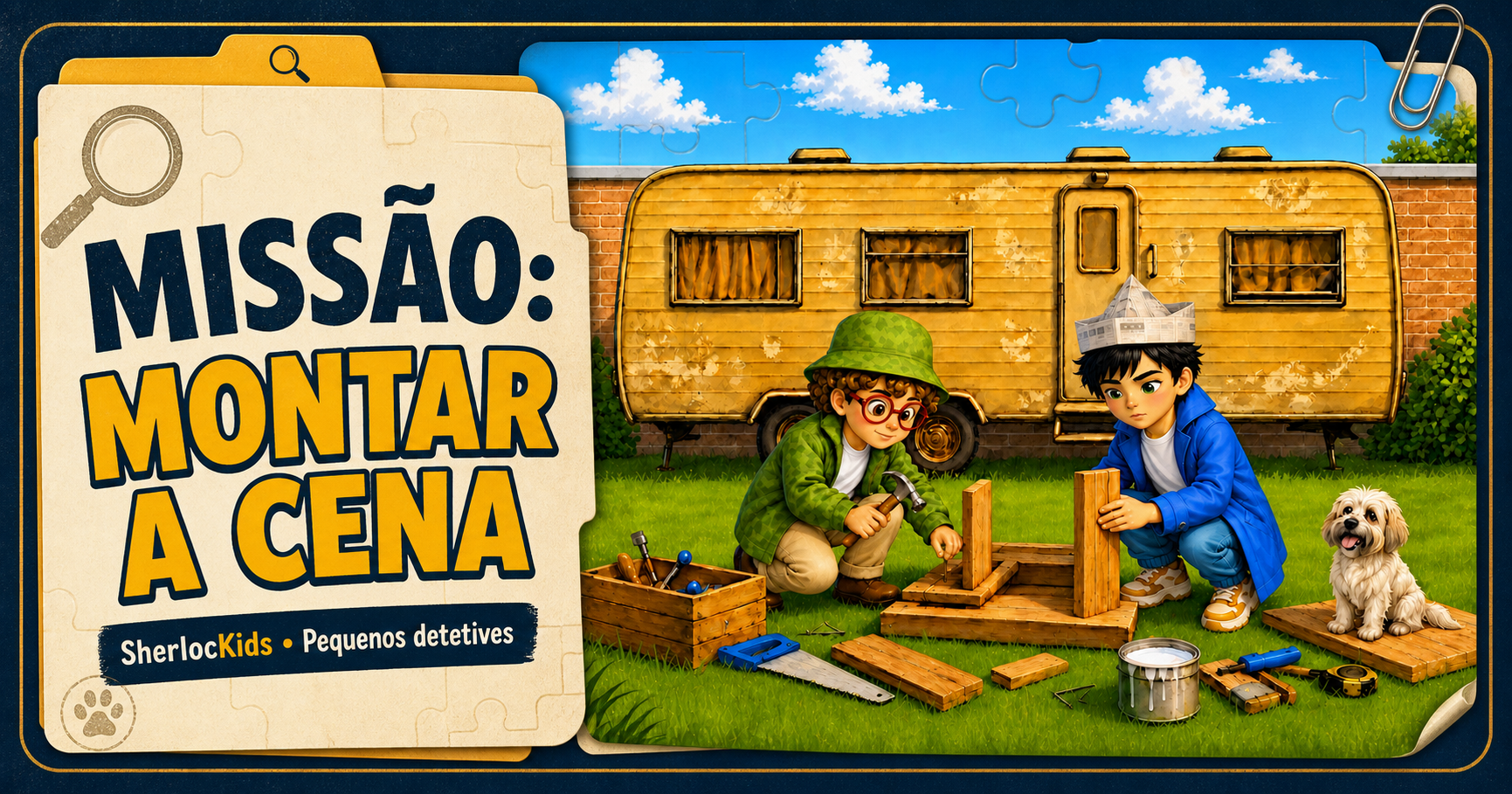 Missão Montar a Cena: duas crianças construindo uma peça de madeira no quintal